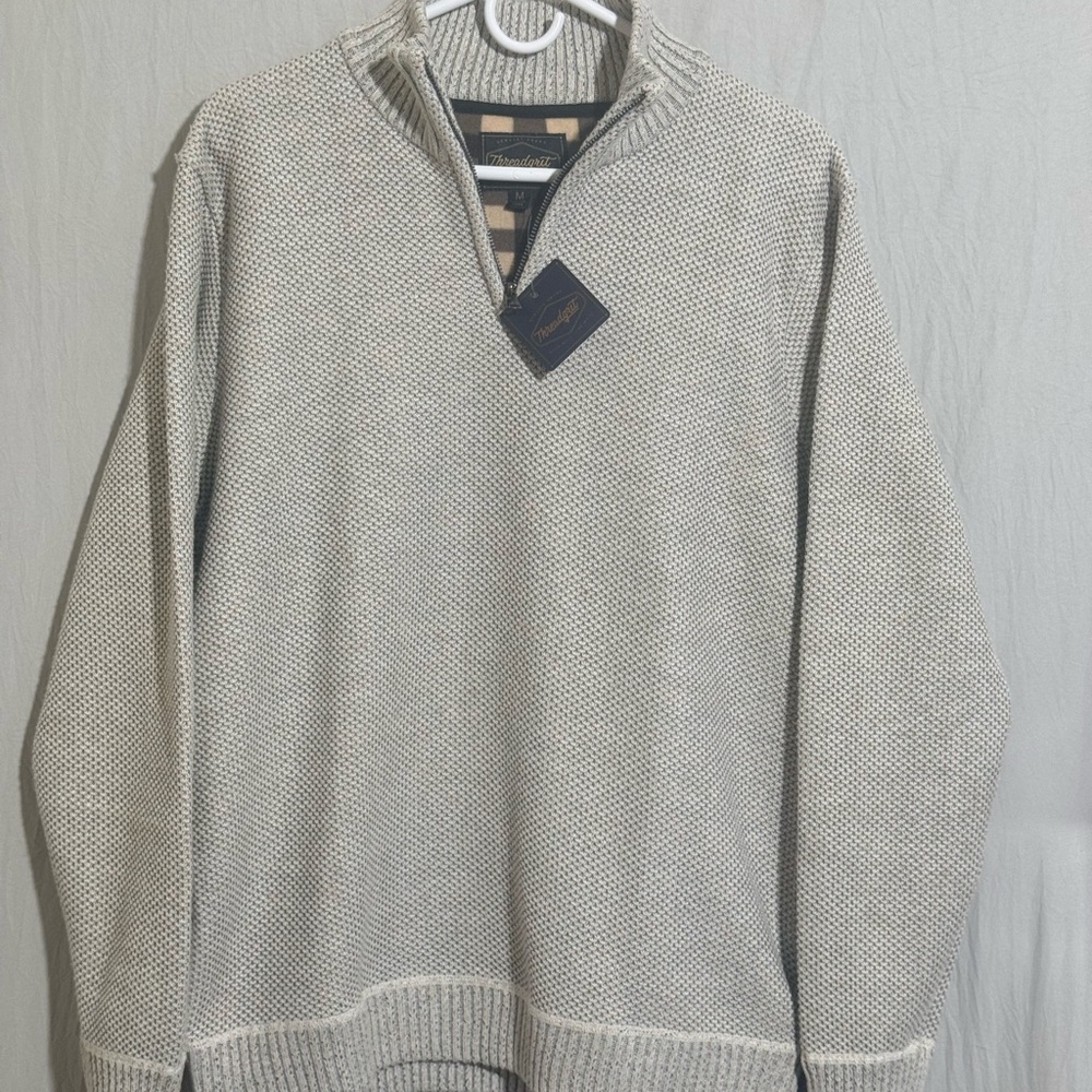 Threadgrit Gray Plaid Lined Mock Neck 1/4 Zip Pullover Sweater for Men’s M